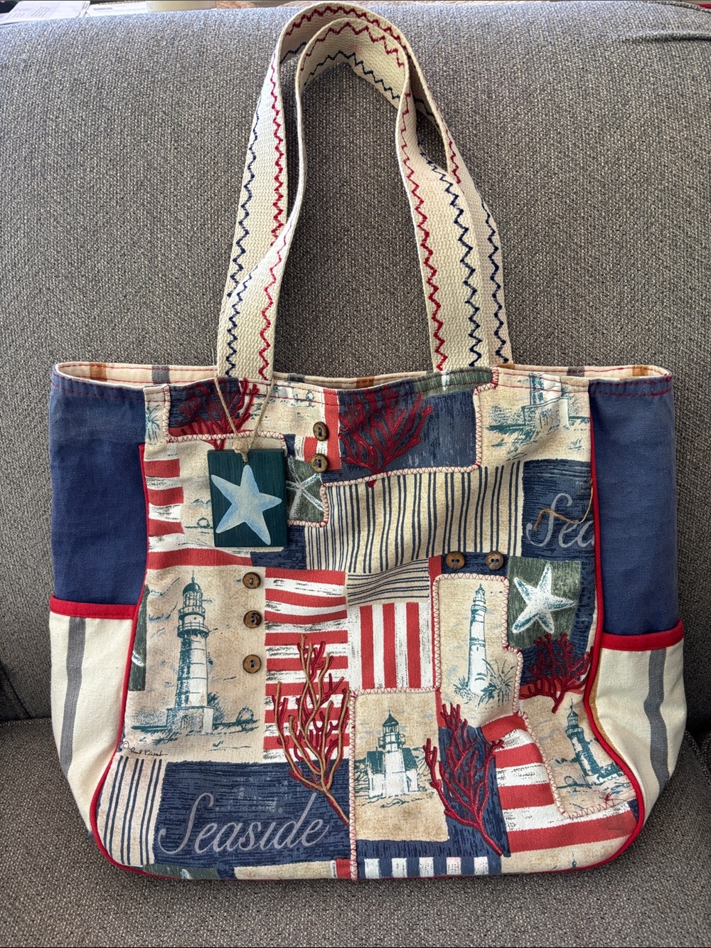 Paul Brent Seaside Patchwork Canvas Tote in Navy, Red, Cream